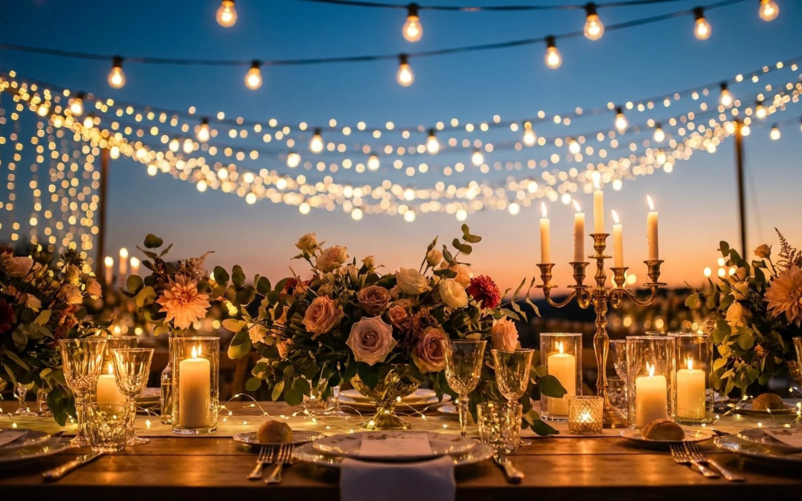 Festoon and fairy lighting strung over a styled event table at dusk