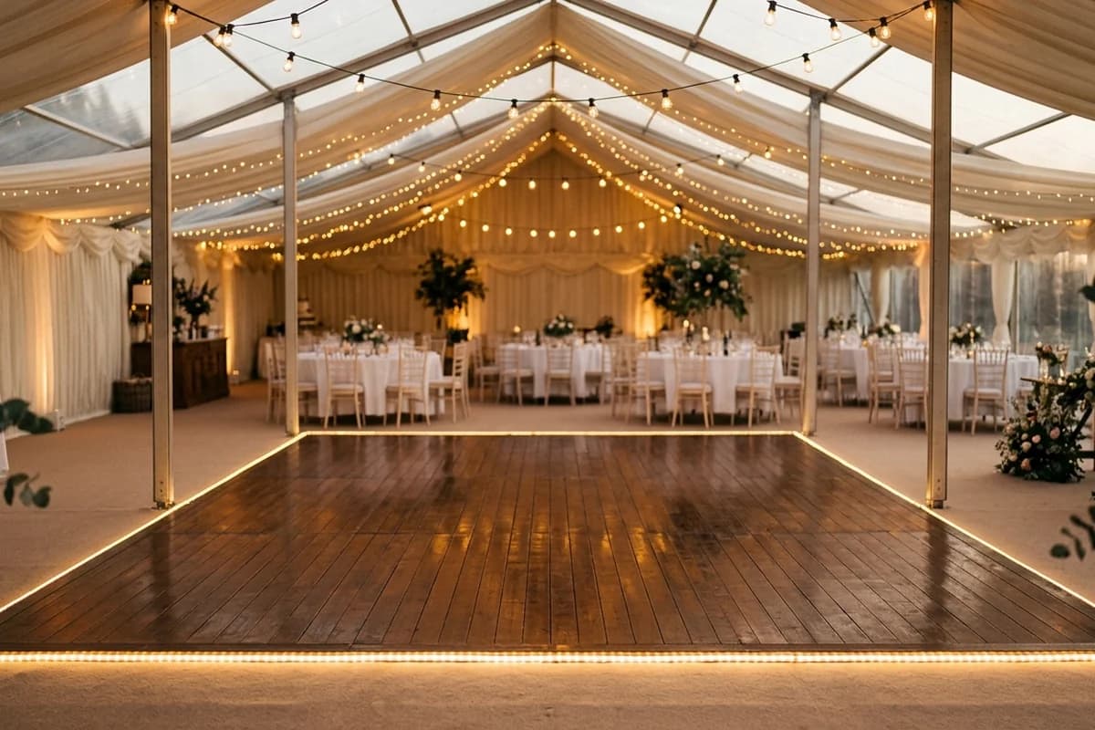 A sleek event dancefloor with warm uplighting, empty and ready