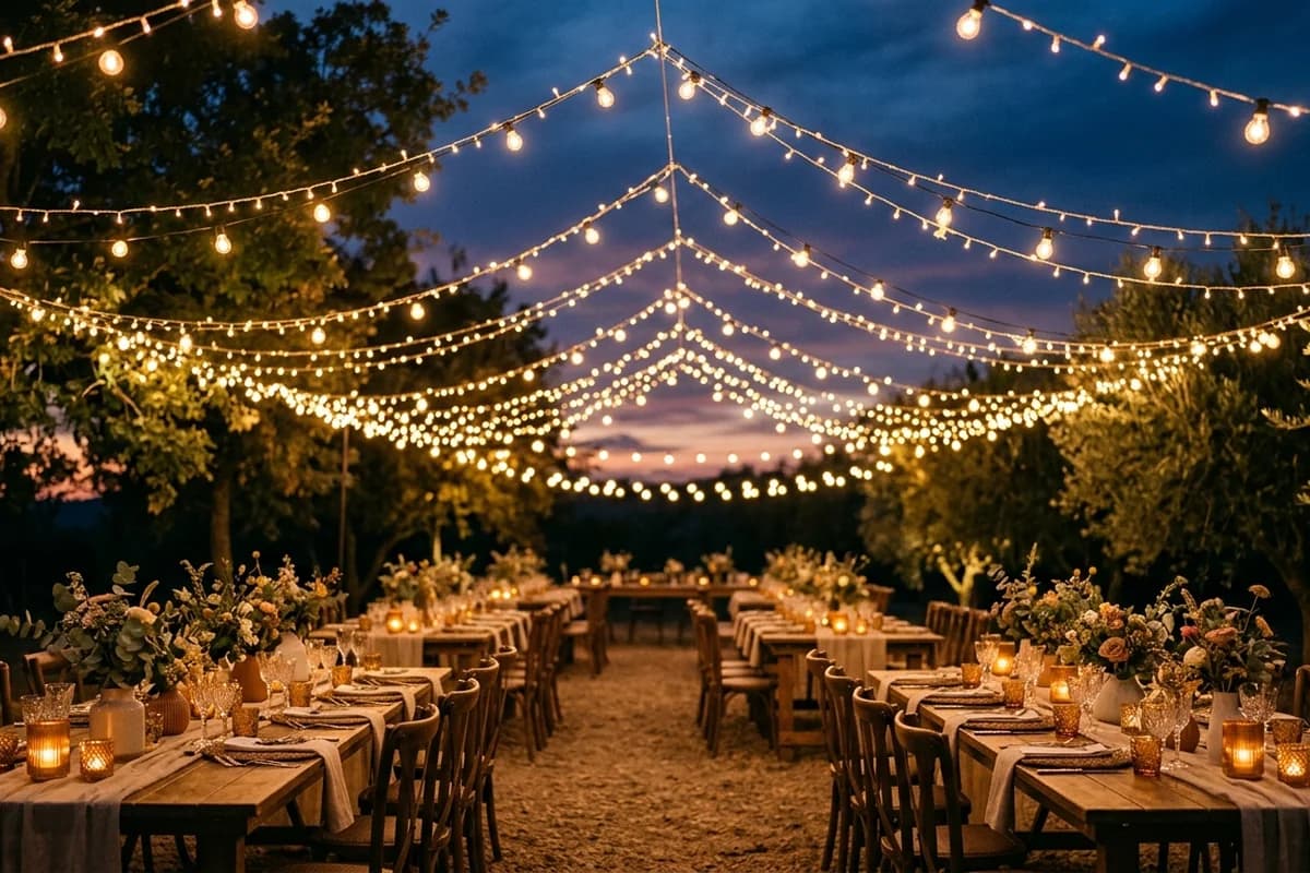 Festoon lighting strung over a southern Adelaide event at dusk