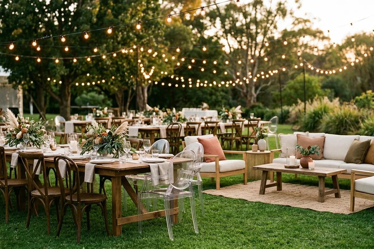 Hire tables, chairs and festoon lighting set up for a backyard party