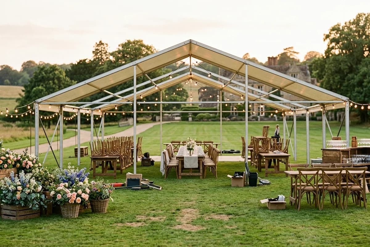 A styled event setup coming together with marquee, furniture and lighting