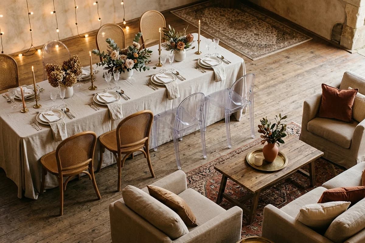 Hire furniture: timber tables, chairs and lounge settings