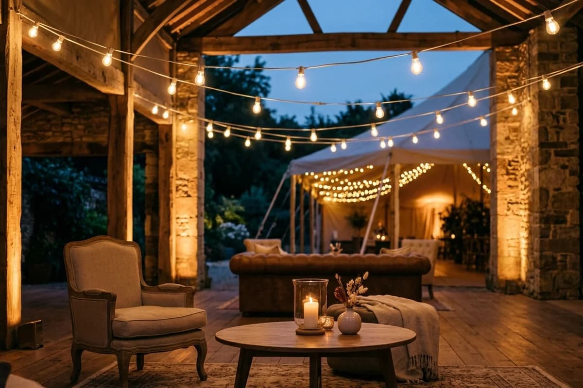 Festoon and uplighting transforming an event space at dusk