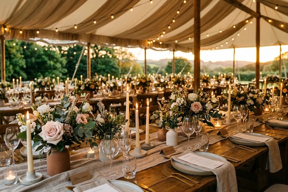 A marquee being styled inside with linen, florals and place settings